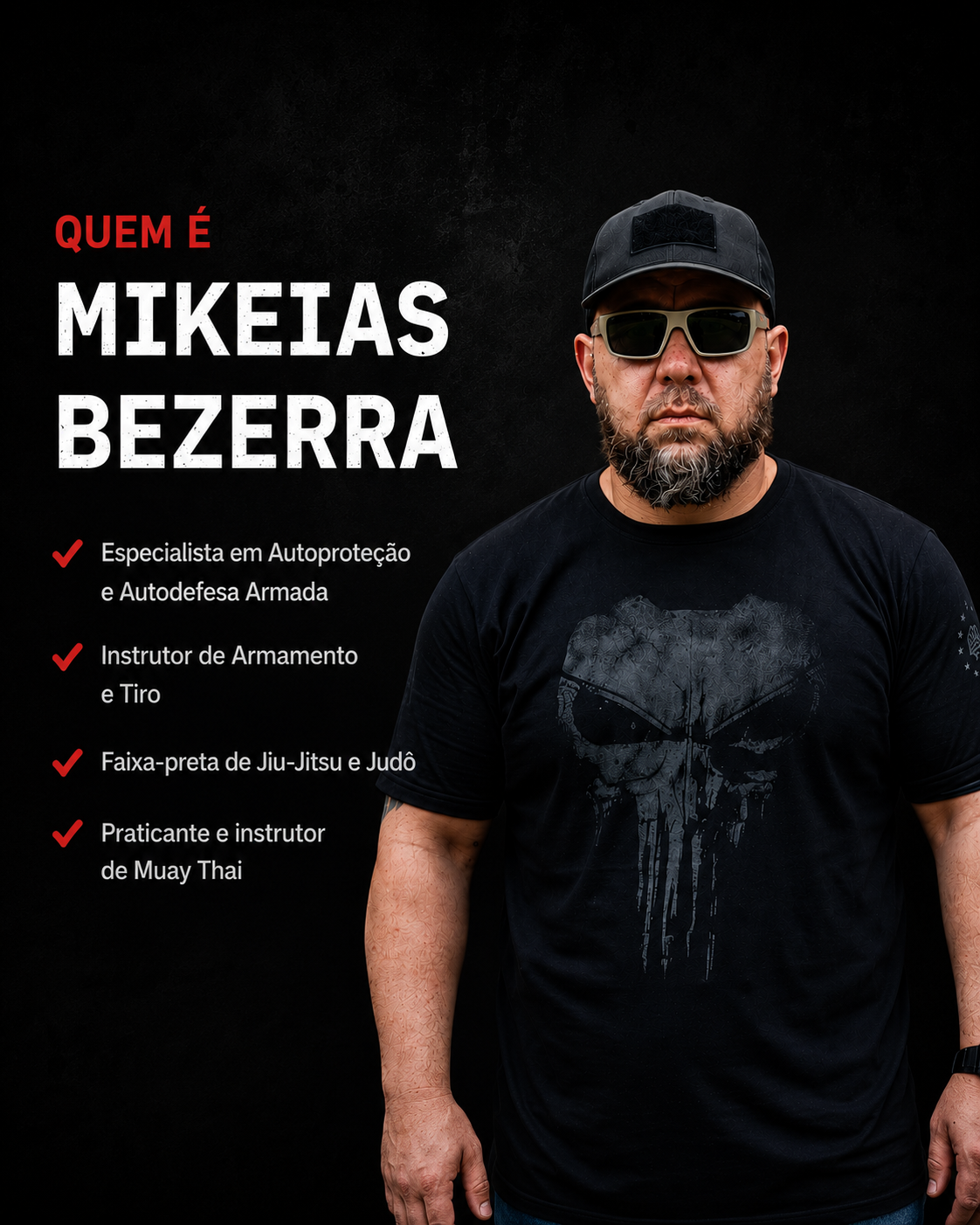 Quem é Mikeias Bezerra: especialista em autoproteção e autodefesa armada, faixa-preta de Jiu-Jitsu e Judô, instrutor de armamento e tiro.